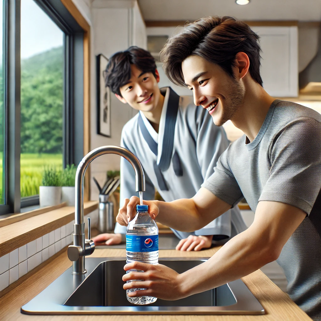 남성이 현대적인 주방 싱크대에서 물병을 채우는 모습. 그는 미소를 지으며 병을 채우고 있으며, 창문 너머로 푸른 나무가 보입니다