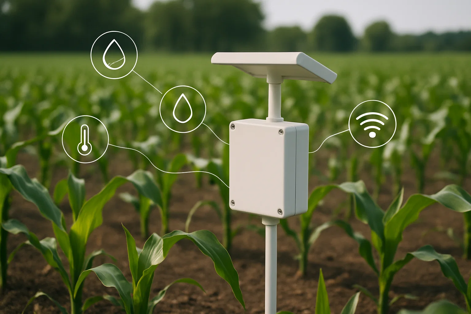 밭의 작물과 토양의 상태를 모니터링하는 센서의 모습