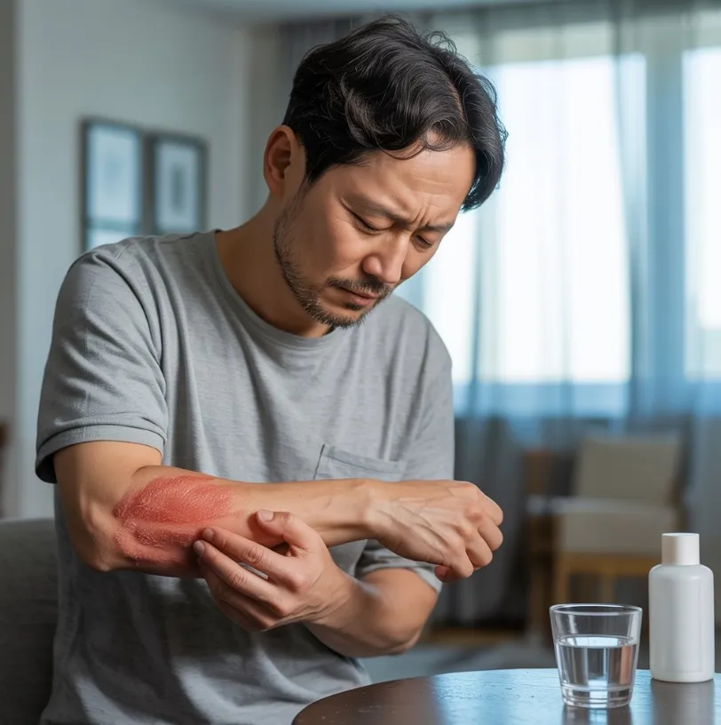 성인 아토피가 있어 가려워하고 있는 사람 이미지