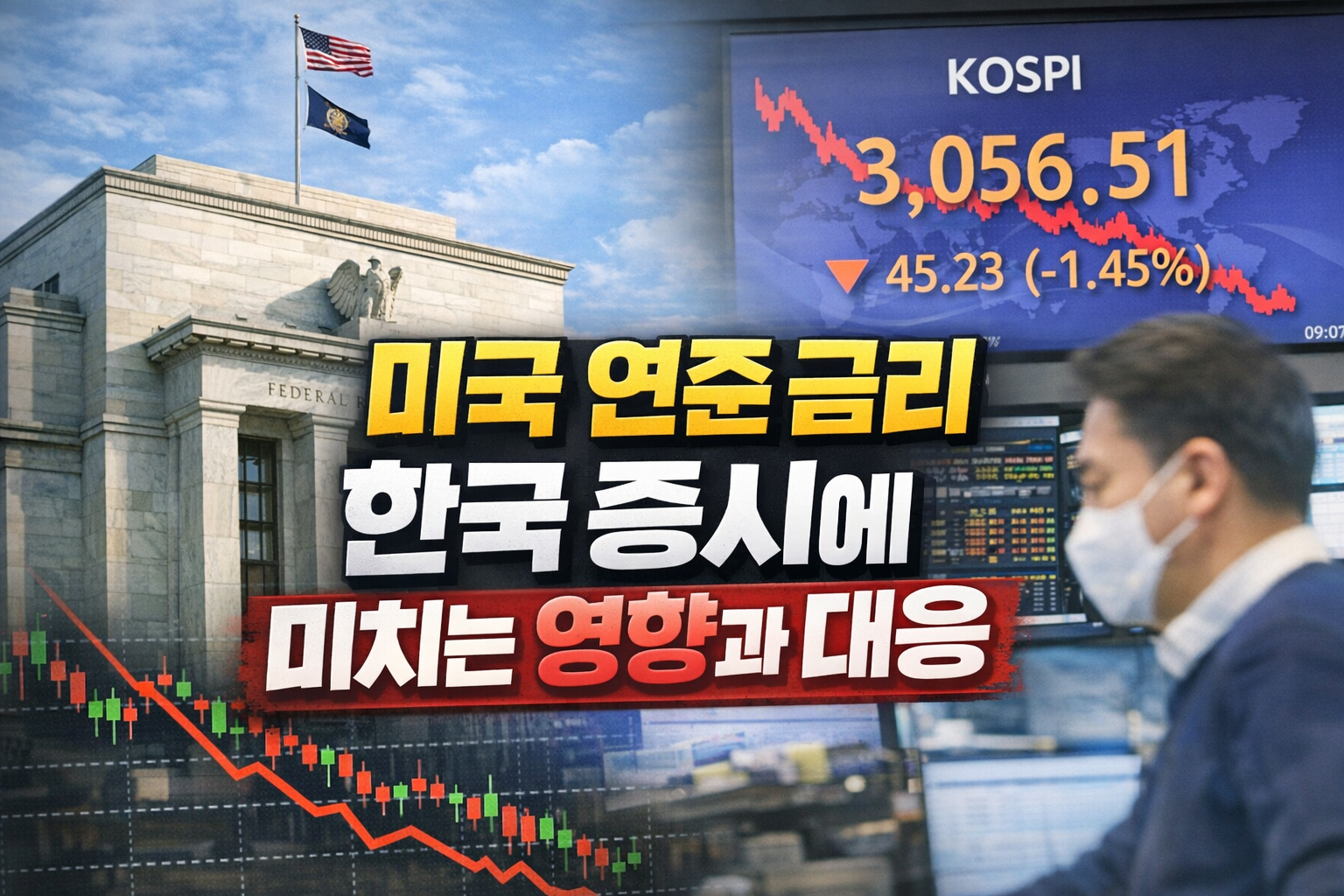미국 연준 금리 결정이 한국 증시와 코스피 지수에 미치는 영향을 설명하는 이미지