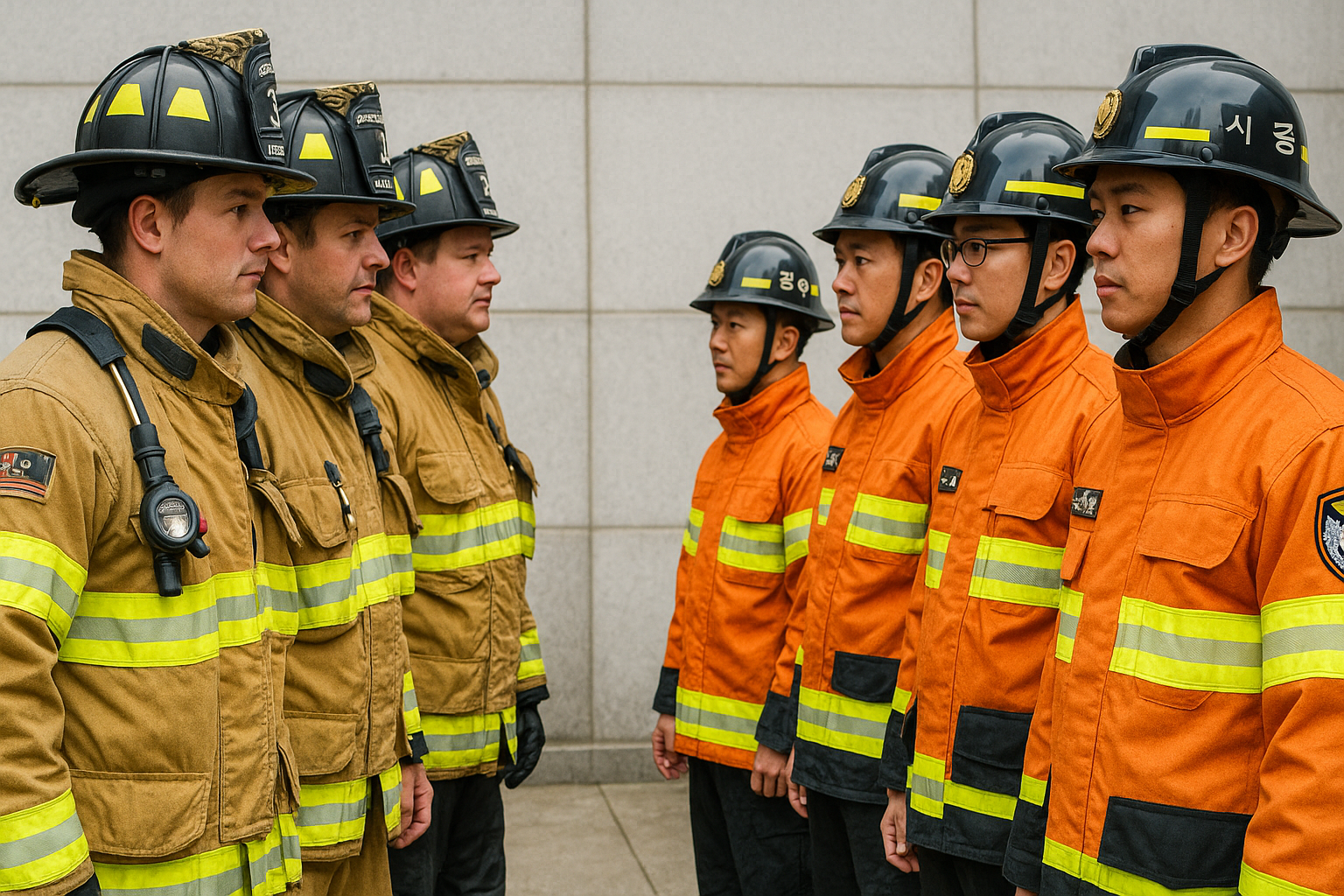 한국 소방관들과 미국 소방관들이 마주 보고 있는 사진