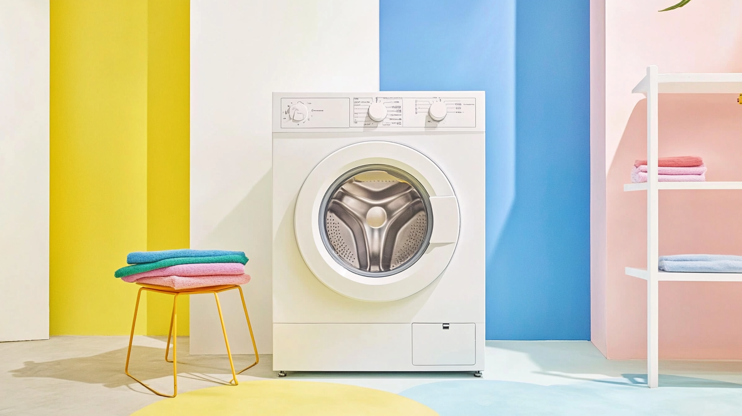최신 AI 기술이 적용된 대용량 세탁기가 미니멀한 스타일의 인테리어에 놓여 있으며, 세련된 디자인과 밝은 조명이 특징.
