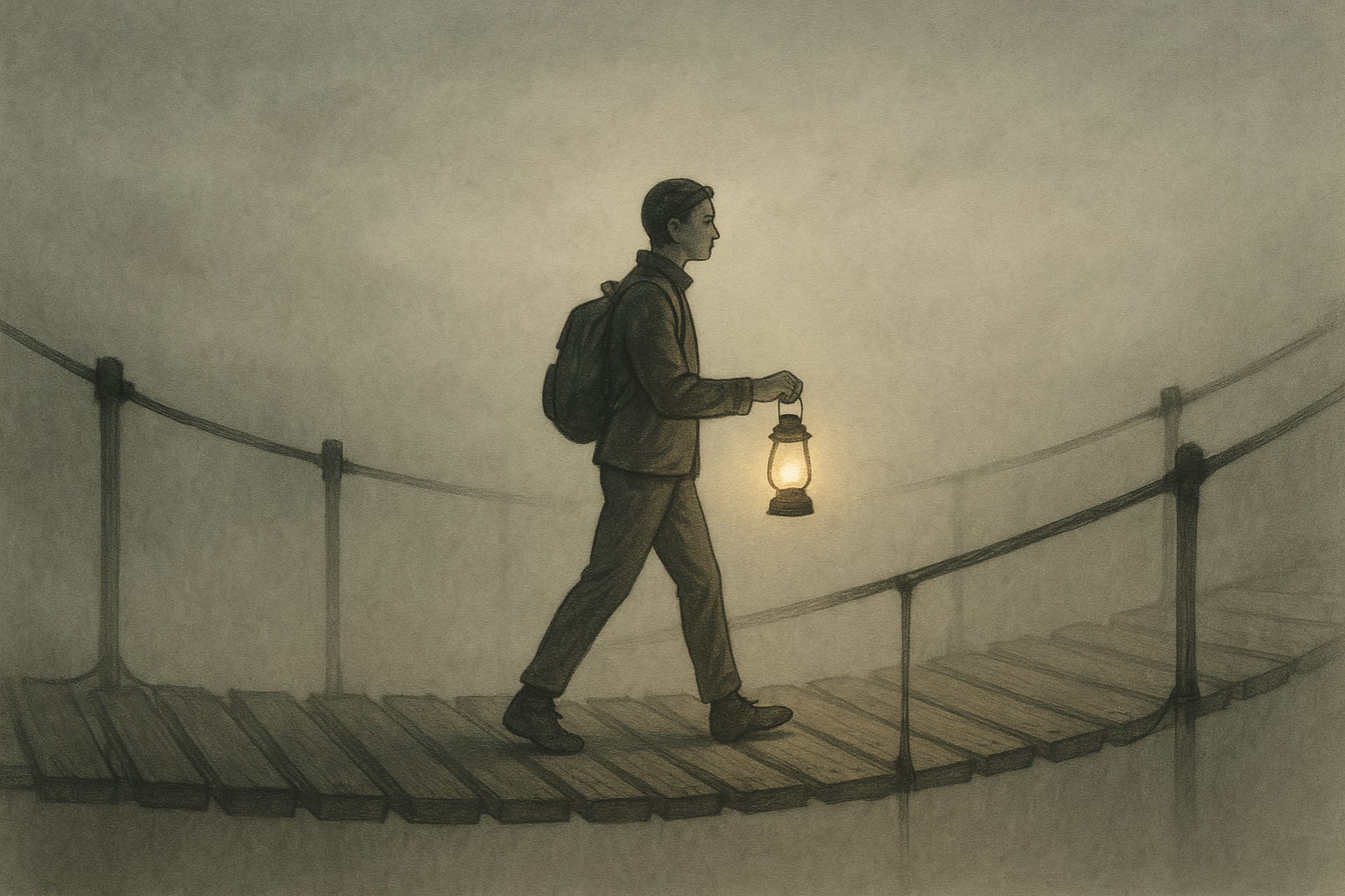 안개 속에서 불안정한 다리를 건너는 램프를 든 남자