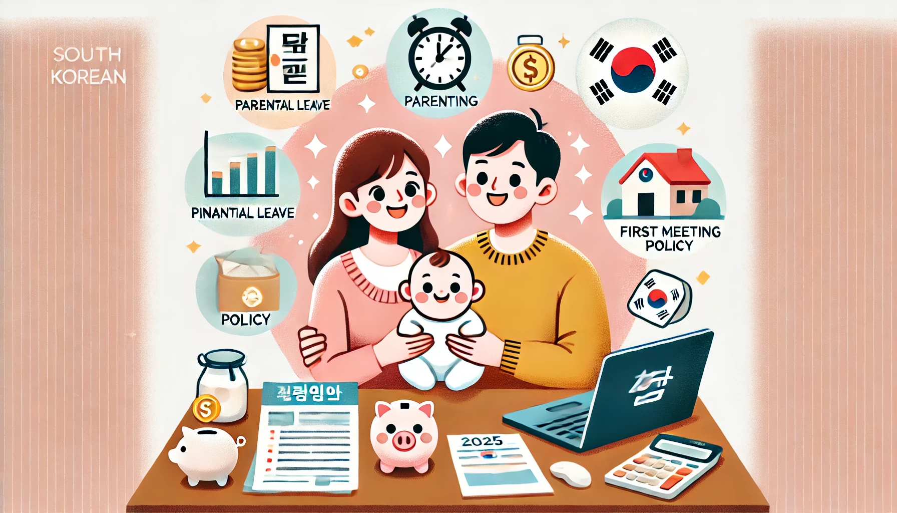 2025년 대한민국 저출산 정책을 주제로 한 젊은 부부와 아기의 따뜻한 일러스트 이미지. 육아휴직, 재정지원, 주거지원, 첫만남이용권을 상징하는 아이콘이 함께 표현