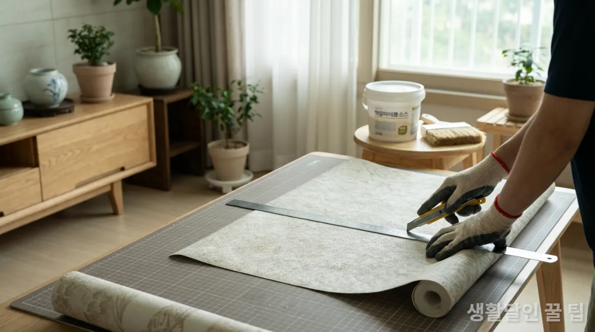 새 벽지를 재단하기 위해 줄자와 칼을 이용해 정확하게 측정하고 자르는 모습. 배경에는 도배용 풀과 붓이 보인다.