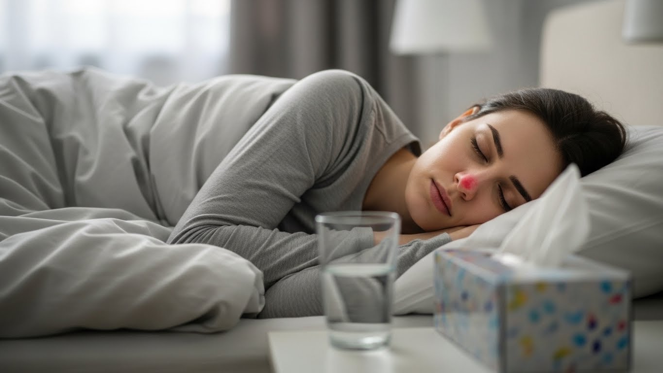 감기로 누워서 휴식을 취하는 여성