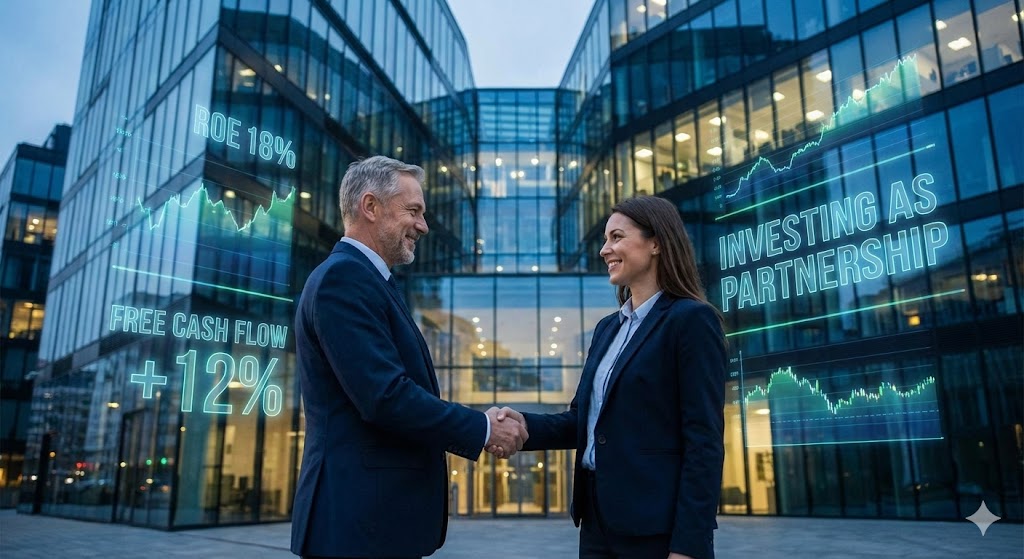 두 명의 비즈니스 파트너가 신뢰의 악수를 나누는 배경 뒤로 기업의 핵심 재무 지표들이 떠다니는 모습