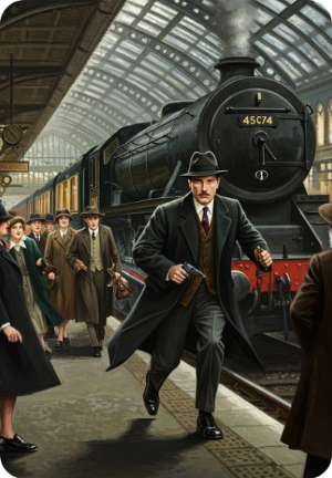 기차역에서 탐정이 뛰어가는 사진