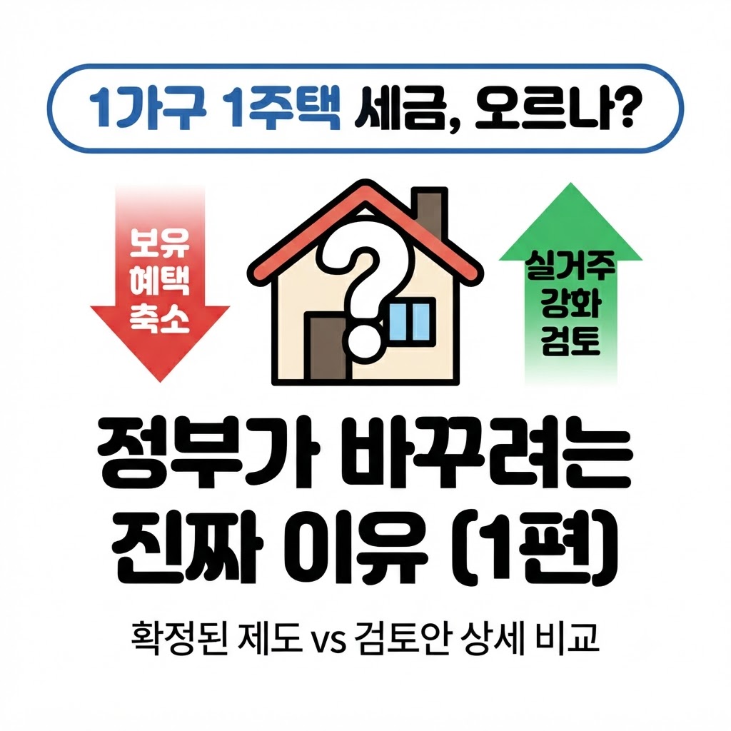 1가구 1주택 세금, 오르나? 제목과 물음표가 그려진 집 아이콘, 왼쪽의 보유 혜택 축소 화살표, 오른쪽의 실거주 강화 검토 화살표, 그리고 정부가 바꾸려는 진짜 이유 (1편) 문구가 포함된 포스팅 썸네일 이미지