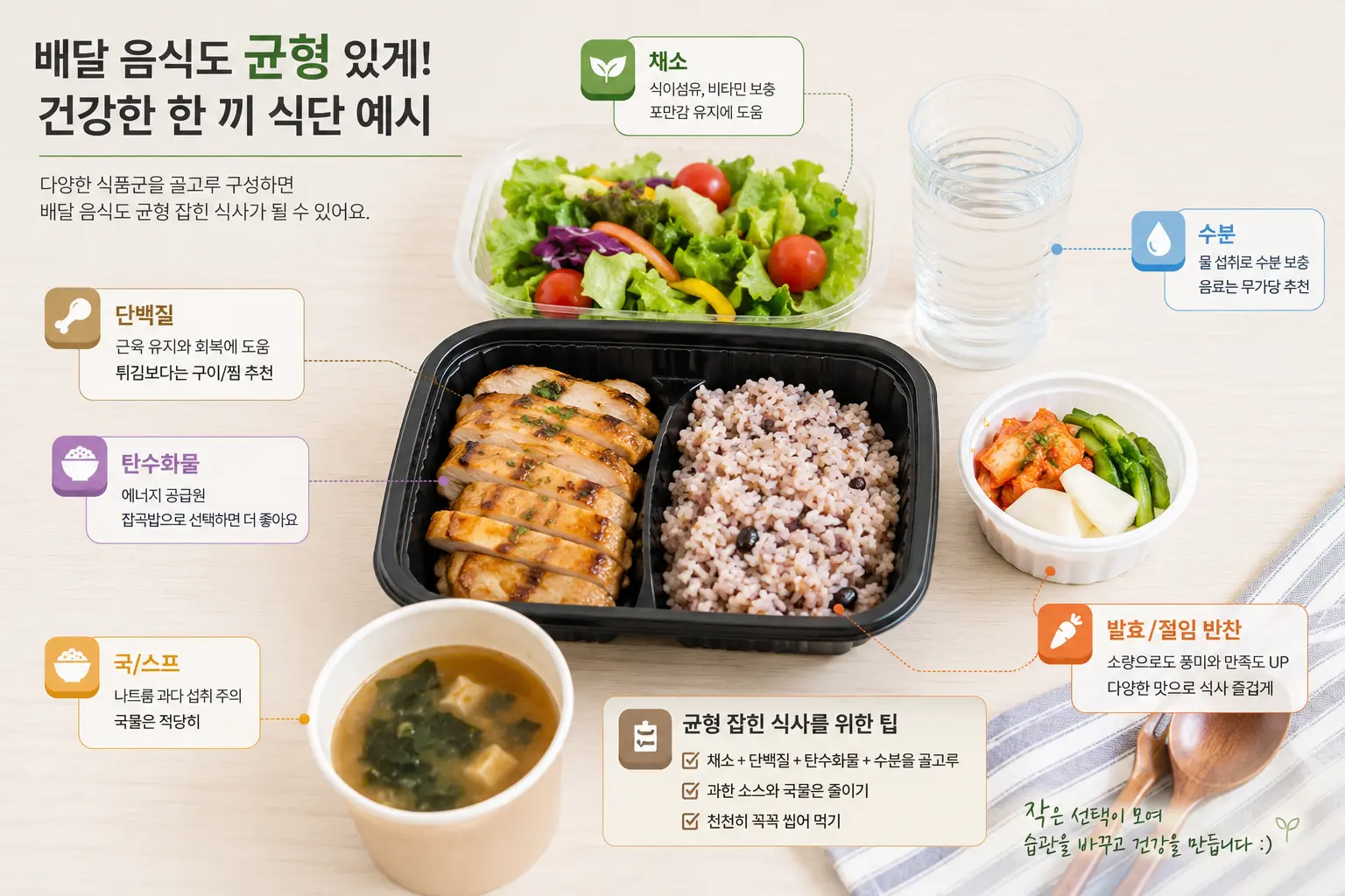 채소와 단백질이 포함된 배달 음식 조합