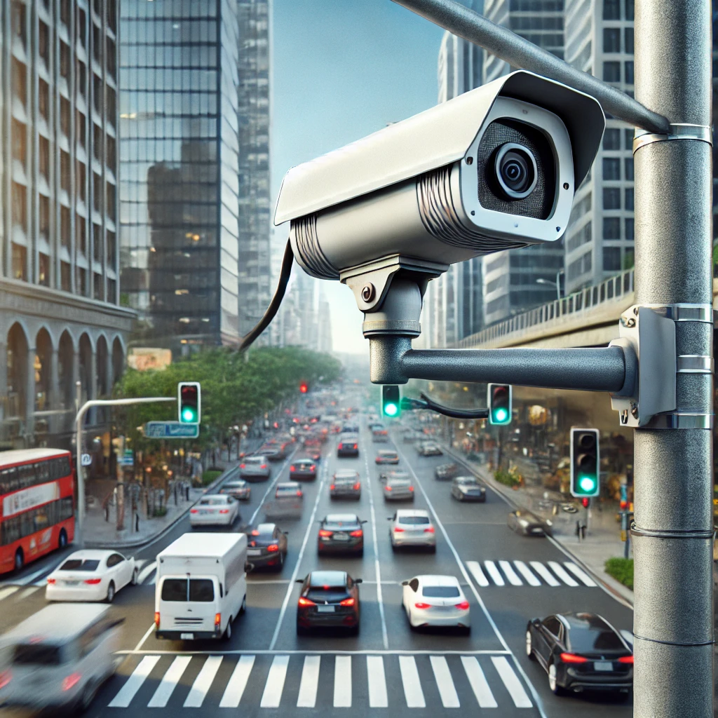 기둥에 설치된 교통 감시 카메라&amp;#44; 차량과 보행자를 실시간으로 캡처하며 교통 신호등과 횡단보도가 배경으로 보임&amp;#44; 맑은 하늘과 도시 건물이 안전을 상징
