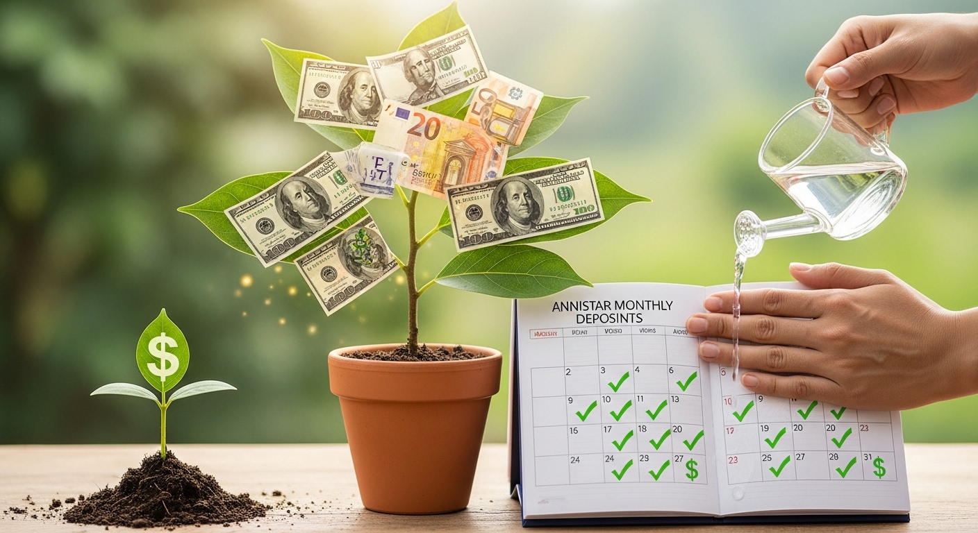 시간이 지남에 따라 씨앗에서 자라나는 돈 나무 그림으로, 패시브 인컴의 꾸준한 성장과 재투자를 상징.