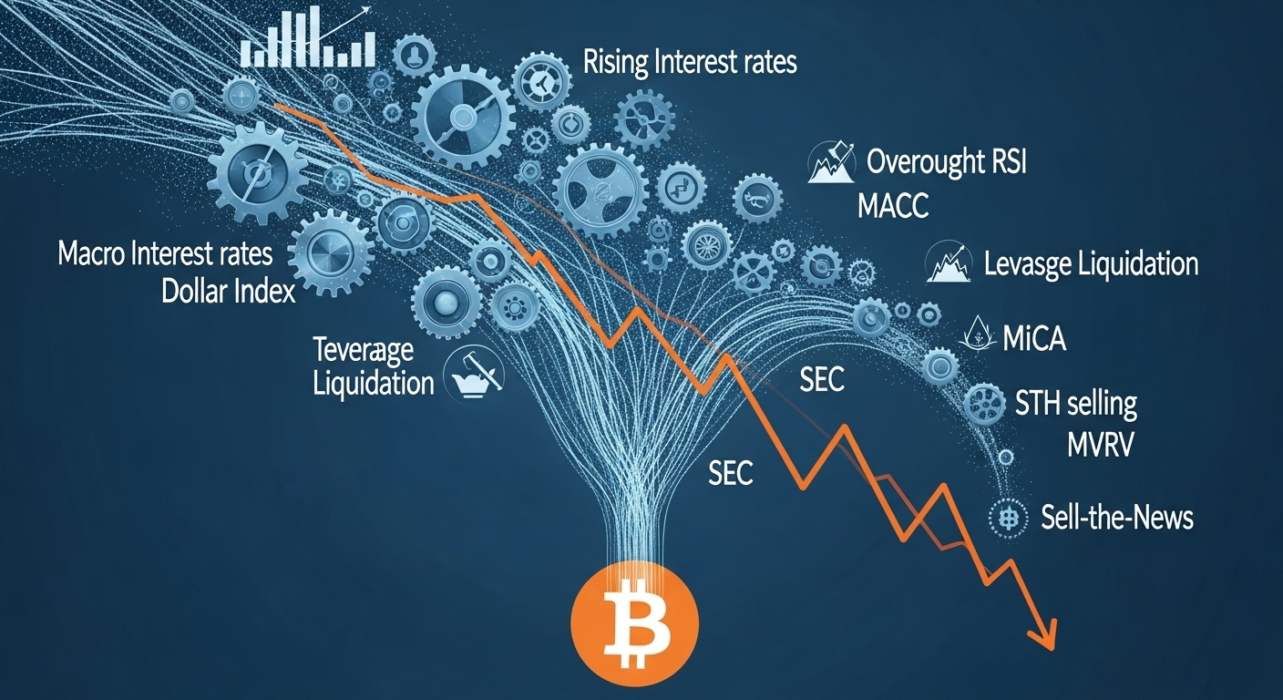거시경제, 기술적 분석, 규제 불확실성, 온체인 지표 등 비트코인 하락을 유발하는 복합적인 요인들이 서로 연결되어 작용하는 모습을 보여주는 디지털 이미지.