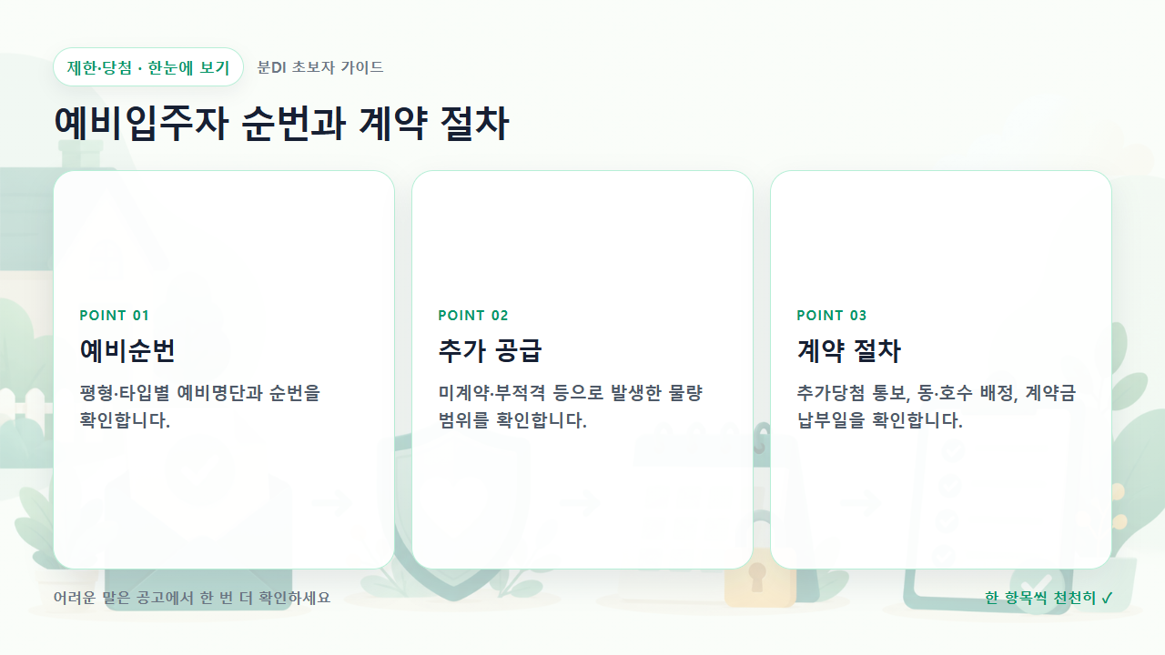 예비입주자 순번과 계약 절차 핵심을 세 칸으로 정리한 한눈에 보기