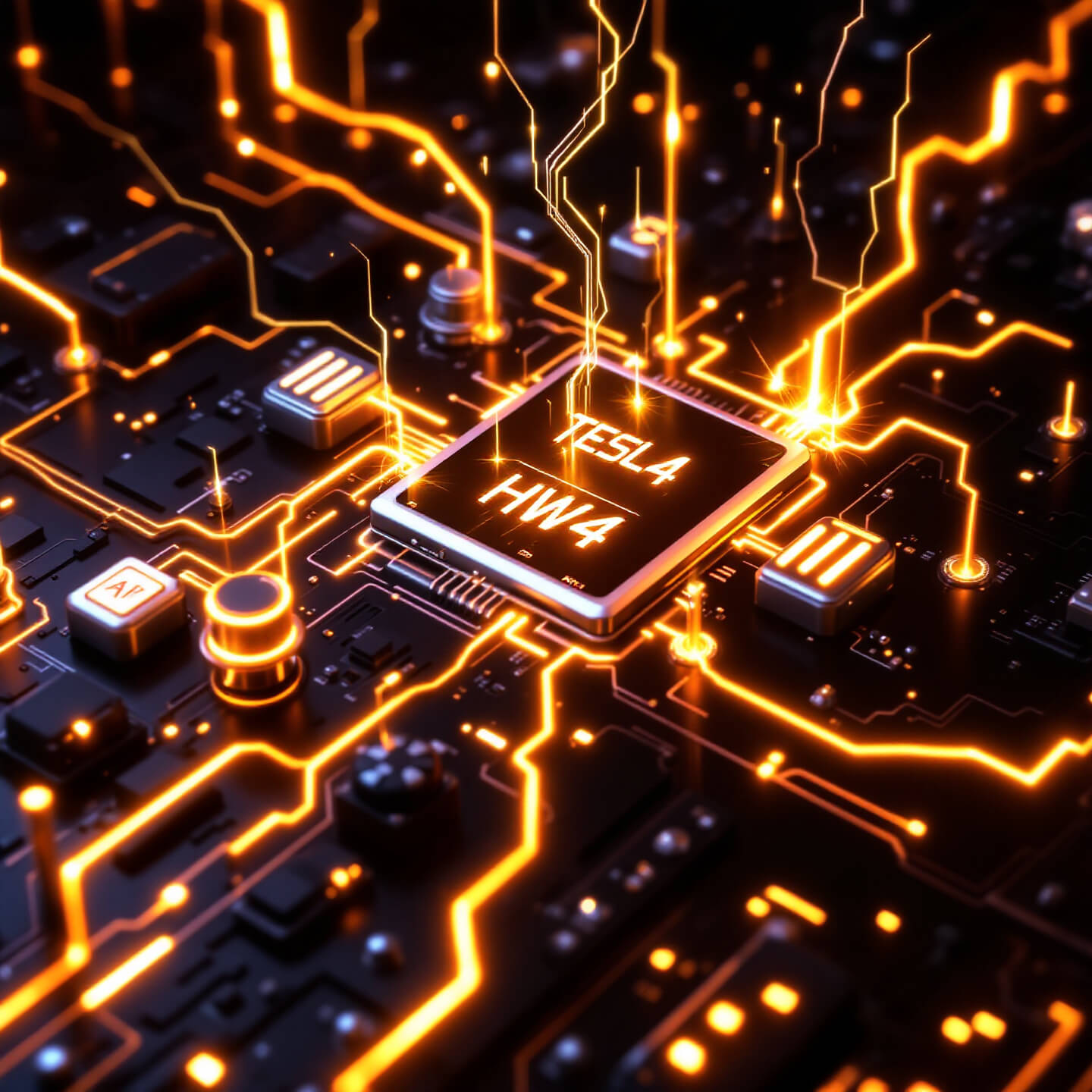 최첨단 테슬라의 자율주행 컴퓨터 칩셋이 강조된 이미지. 마더보드에 전기 신호와 오렌지빛 네온이 흐르며, 'TESLA HW4' 라벨이 명확하게 표시되어 있음. 복잡한 회로가 미래 기술을 상징함