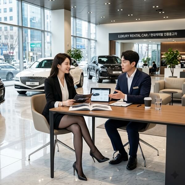 신차 장기렌터카 관련하여 상담을 하고 있는 모습