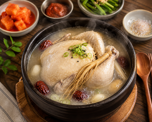 뚝배기에 담겨 김이 모락모락 나는 인삼 대추 삼계탕과 깍두기 반찬 상차림