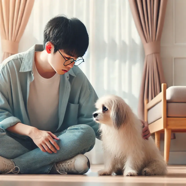 멍한 상태의 강아지를 주의 깊게 살펴보는 젊은 동양 남성