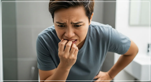 자신의 소변 색을 보고 놀라는 남성 모습