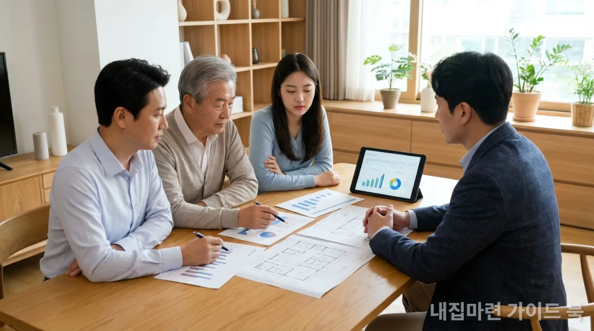 부동산 전문가와 함께 현명한 투자 전략을 논의하는 한국인 가족