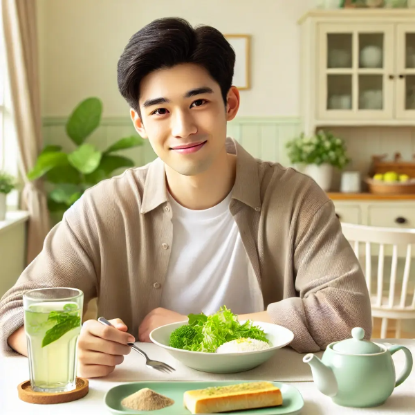 역류성 식도염에 좋은 식단과 허브차를 식탁에 두고 편안한 미소를 짓는 동양인 남성의 초고해상도 사진