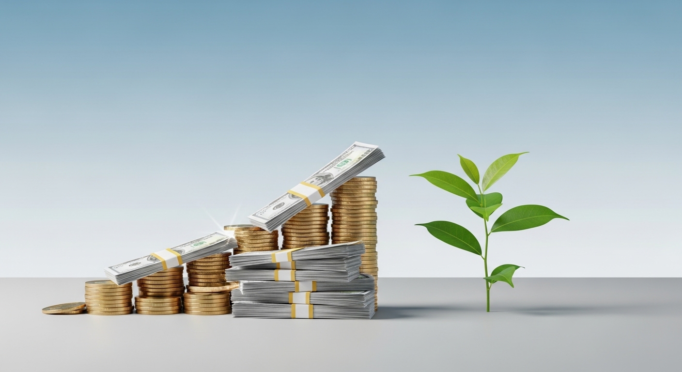 성공적인 대출 갈아타기로 이자 절감 효과를 상징하는 쌓인 동전과 성장하는 식물