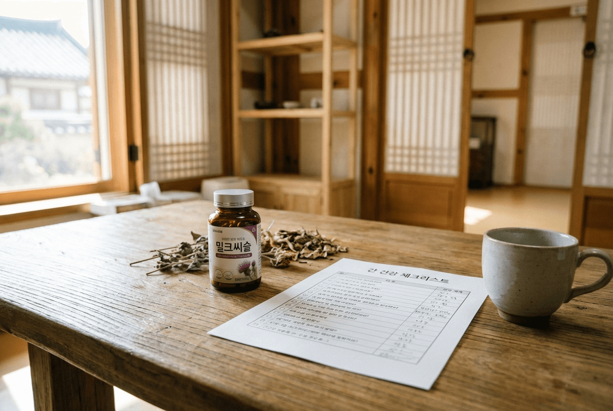 밀크씨슬 캡슐과 간 건강 체크리스트가 놓인 테이블