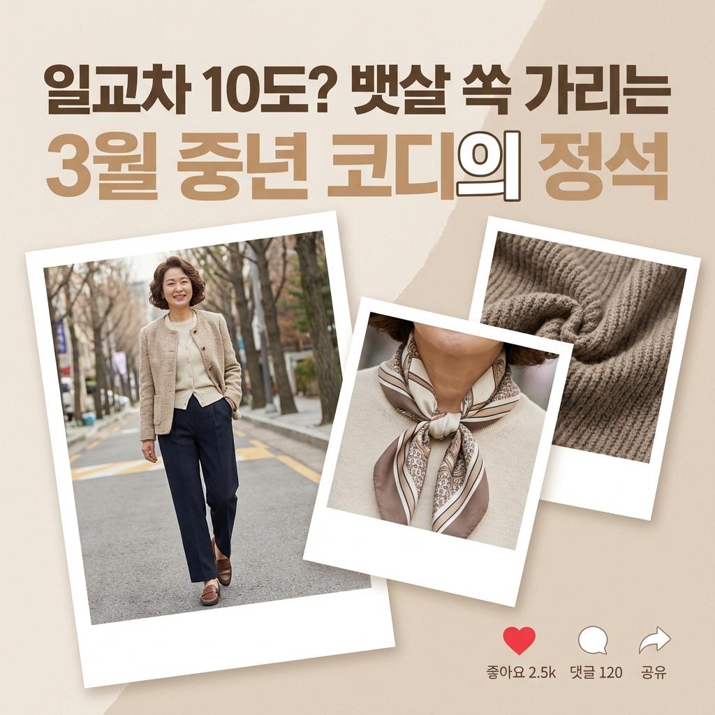 3월 기온별 코디 중년 4060 일교차 10도 뱃살커버 레이어드 비법