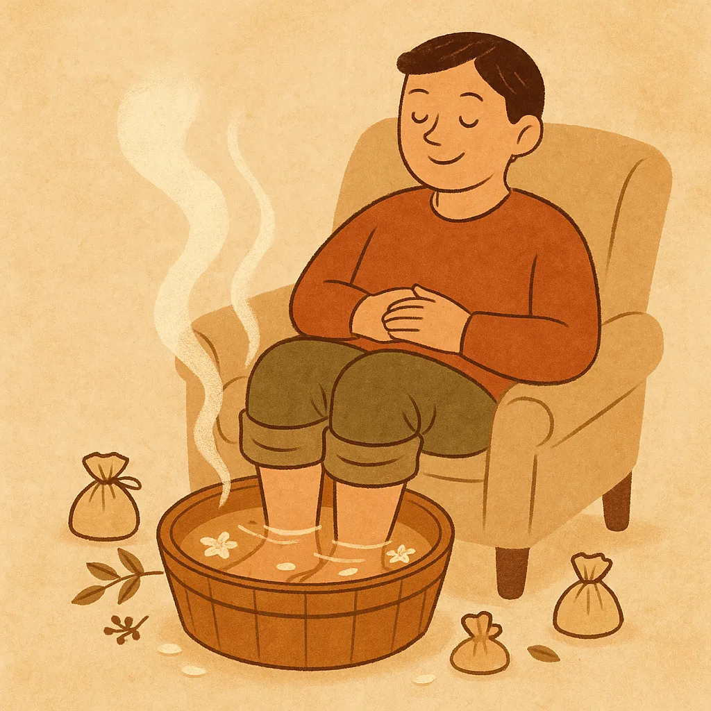 편안한-의자에-앉아-따뜻한-물과-허브가-담긴-대야에-발을-담그고-미소짓는-남성-피로-회복과-휴식을-강조하는-장면