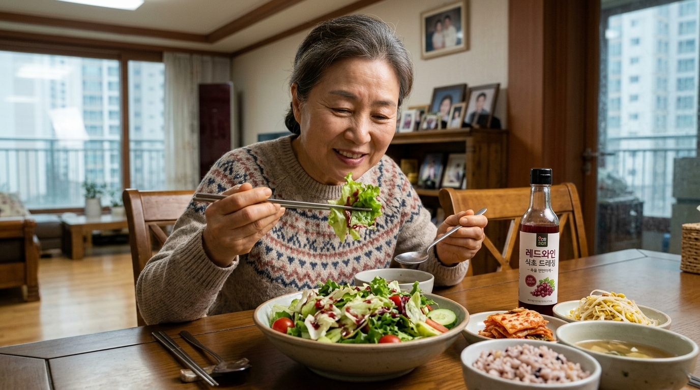 위장을 보호하기 위해 샐러드 드레싱 형태로 레드와인 식초를 섭취하는 모습