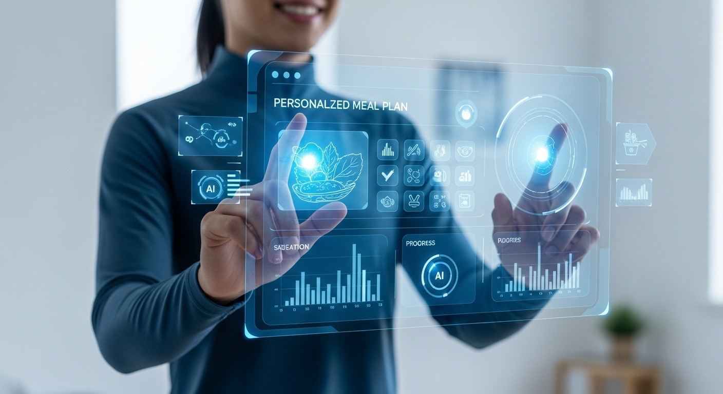AI 기반 개인 맞춤형 식단 관리 앱으로 미래 지향적인 건강 관리를 하는 사람의 모습. 영양 데이터와 식단 계획이 홀로그램으로 표시됩니다.