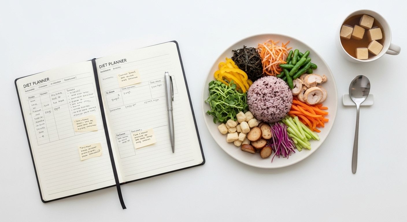 식단 플래너 옆에 놓인 건강한 한국식 다이어트 식단 한 접시