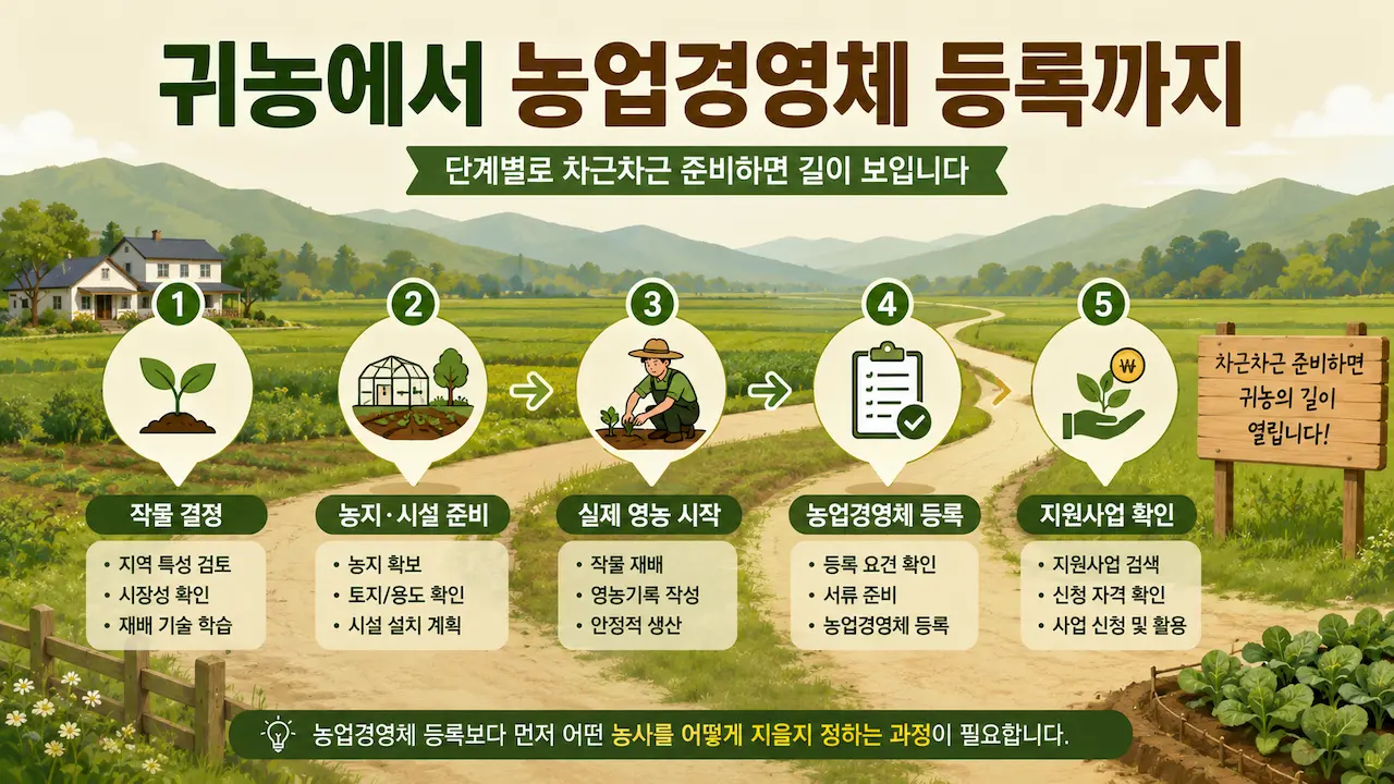 작물 선택, 농지 준비, 실제 재배, 농업경영체 등록, 지원사업 확인으로 이어지는 귀농 준비 흐름 (AI로 생성한 이미지)