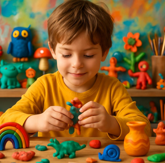 아이가 무한한 상상력으로 클레이로 만들기를 하는 모습