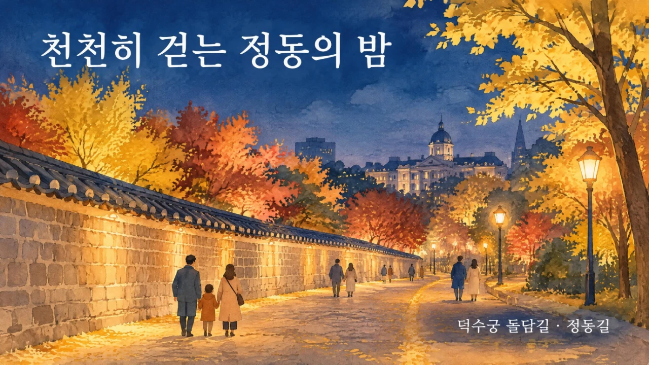 덕수궁 돌담길을 따라 가을 단풍과 조명 아래에서 산책하는 사람들을 표현한 수채화 스타일 AI 일러스트