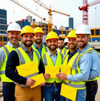 노란색편지봉투를 들고있는 남자 노동자들