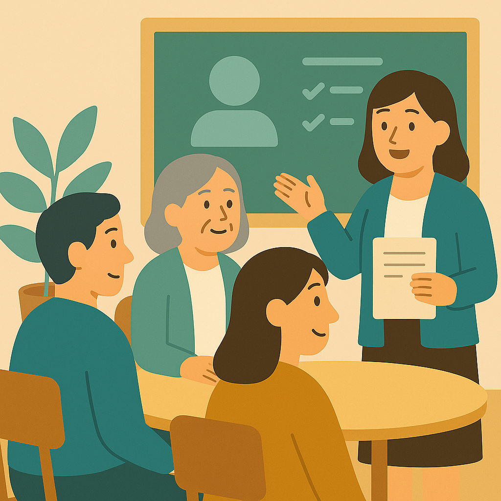 중장년 남녀 수강생 세 명이 교실에서 강사의 설명을 듣고 있는 모습. 강사는 안내 자료를 들고 있으며, 칠판에는 체크리스트 아이콘이 표시되어 있음. 강의실 한쪽에는 화분도 놓여 있어 따뜻하고 편안한 분위기를 연출. 요양보호사 기관 선택 전 무료 설명회나 체험 수업 참여의 중요성을 표현한 일러스트