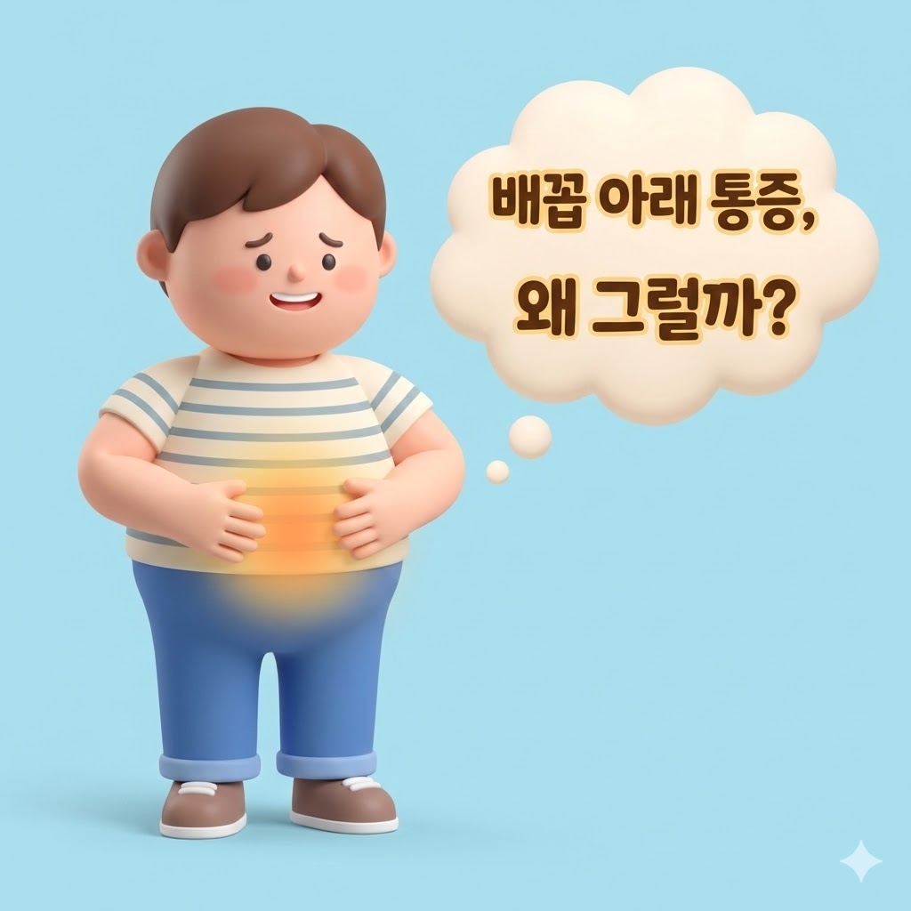 배꼽 아래 통증의 다양한 원인에 대해 고민하는 듯한 귀여운 캐릭터 일러스트.