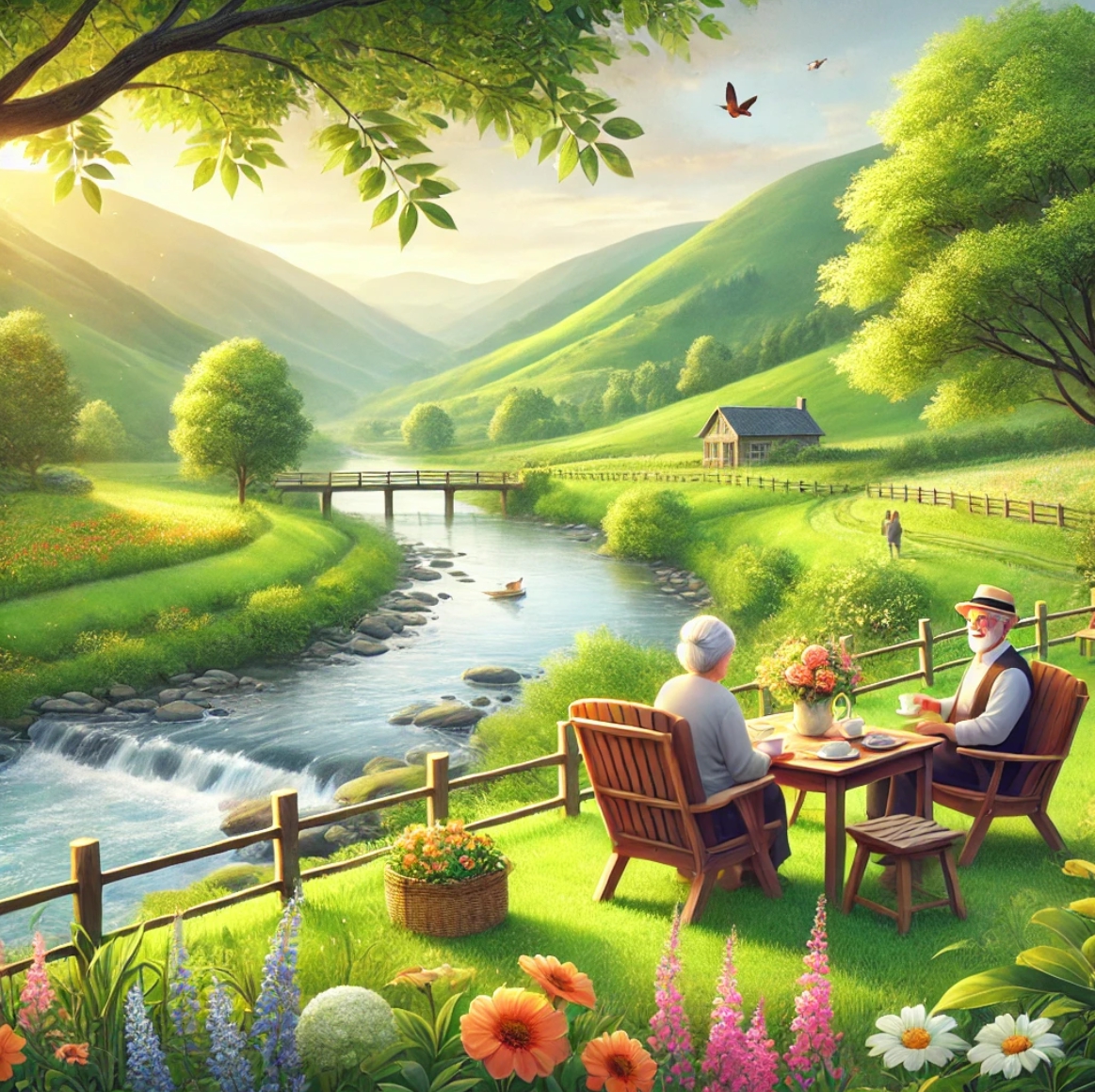 노인 여행객들이 차를 마시며 대화를 나누는 강가의 나무 가제보. 부드러운 햇살과 하늘의 새 몇 마리가 있어 분위기는 평화롭습니다