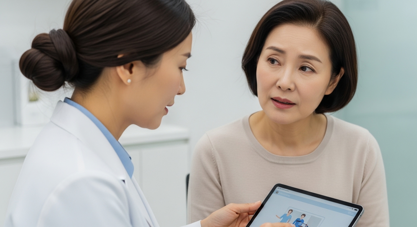 한국인 의사가 50대 여성 환자에게 건강 검진 결과를 태블릿으로 설명하는 모습.