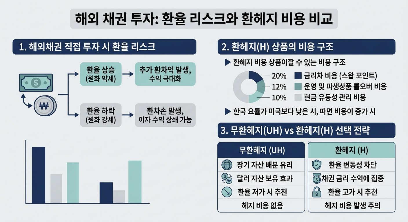 해외채권 직접투자 환율 변동 리스크와 환헤지 비용 비교 인포그래픽