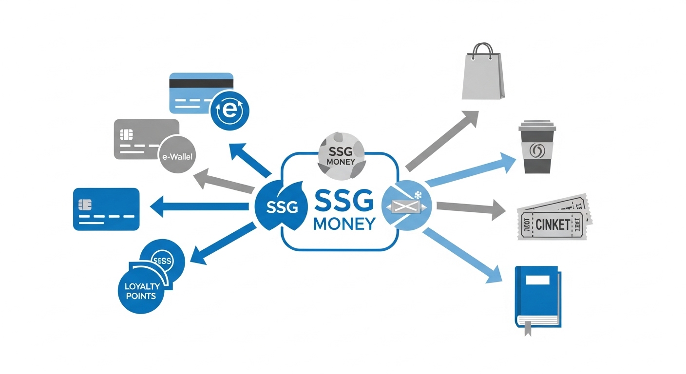 다양한 결제 수단과 포인트가 SSG머니로 전환되어 쇼핑, 커피, 영화, 독서 등 여러 사용처에서 활용되는 과정을 보여주는 추상적인 인포그래픽