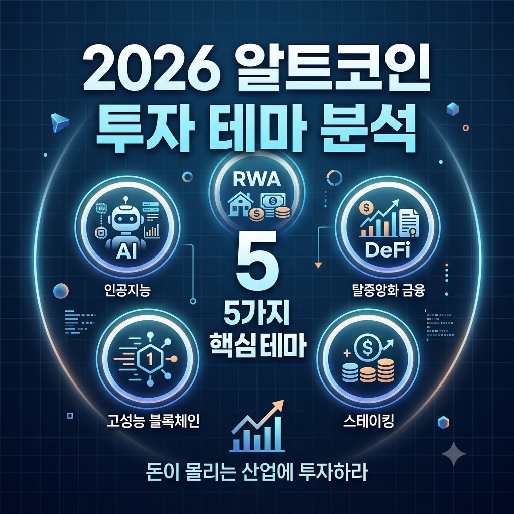 "2026년 알트코인 투자 테마 분석: AI, RWA, DeFi, 고성능 블록체인, 스테이킹 등 돈이 몰리는 5가지 핵심 산업 분야와 성장 전략을 보여주는 인포그래픽 이미지"