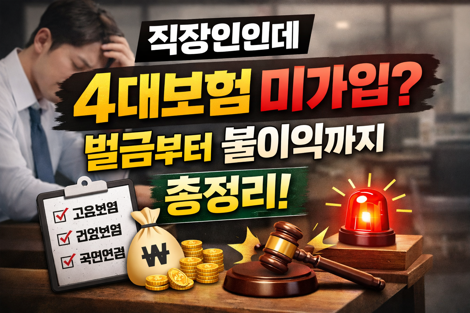 직장인인데 4대보험 미가입이라는 문구와 함께 경고 알람, 돈가방, 체크리스트 등이 강조된 사무실 배경 썸네일.