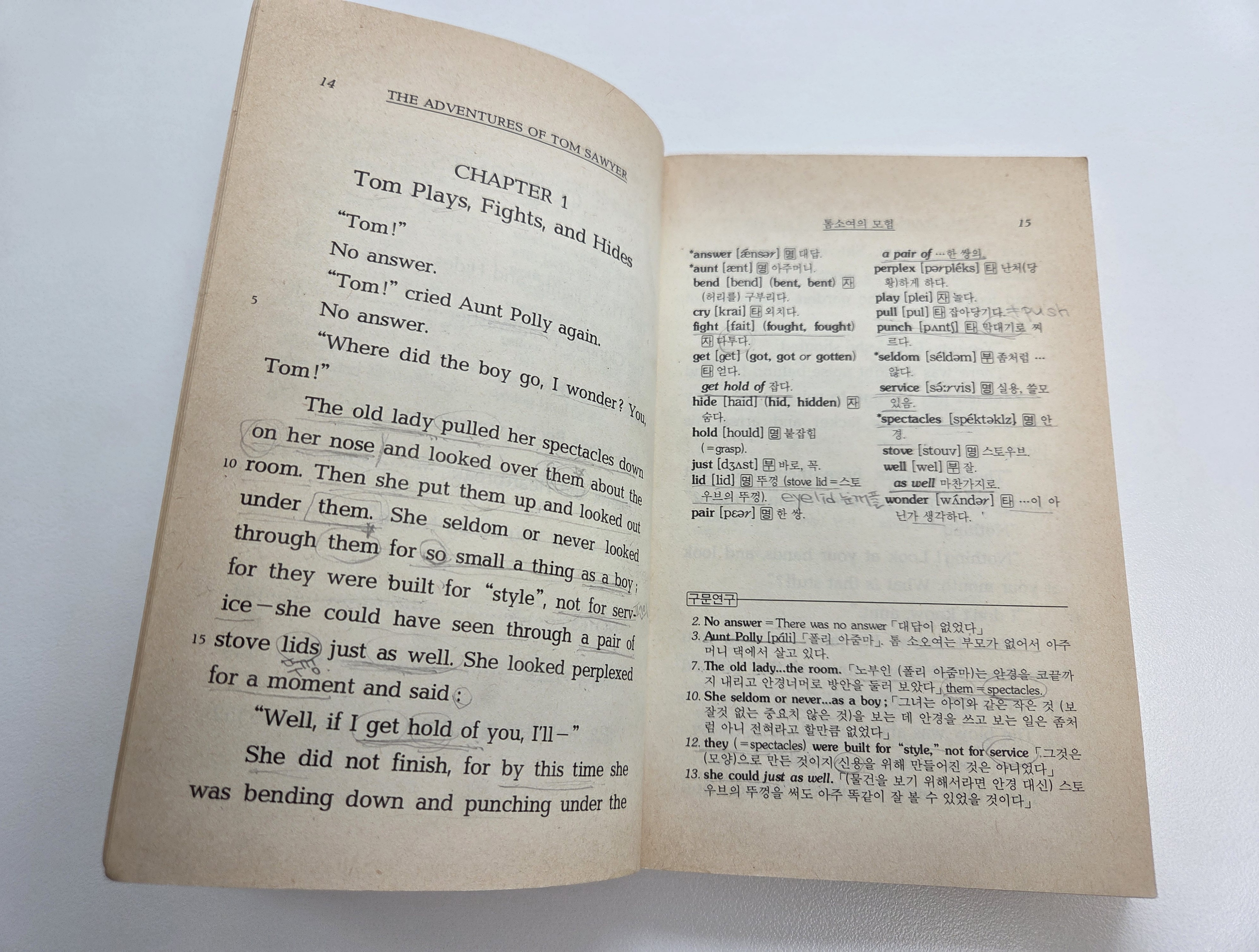 오래된 톰소여의 모험 책 내지 일부사진. 원래도 누런책이긴하지만, 정말 고대책 느낌의 책이예요. 오른쪽페이지들에는 단어와 구문표현도 나와있어요.