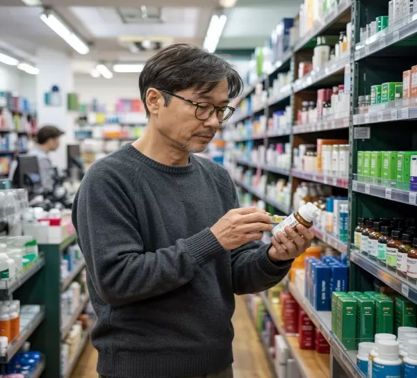 약국에서 영양제를 고르고 있는 50대 남성