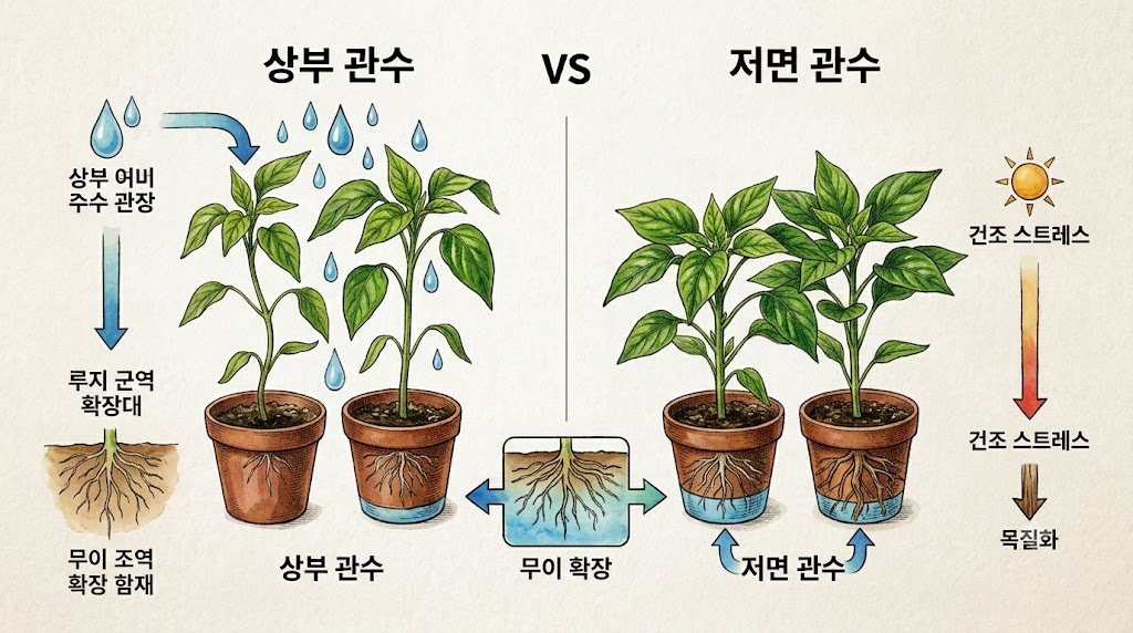 상부 관수와 저면관수의 차이 및 건조 스트레스를 통한 줄기 목질화 과정을 비교한 인포그래픽 다이어그램