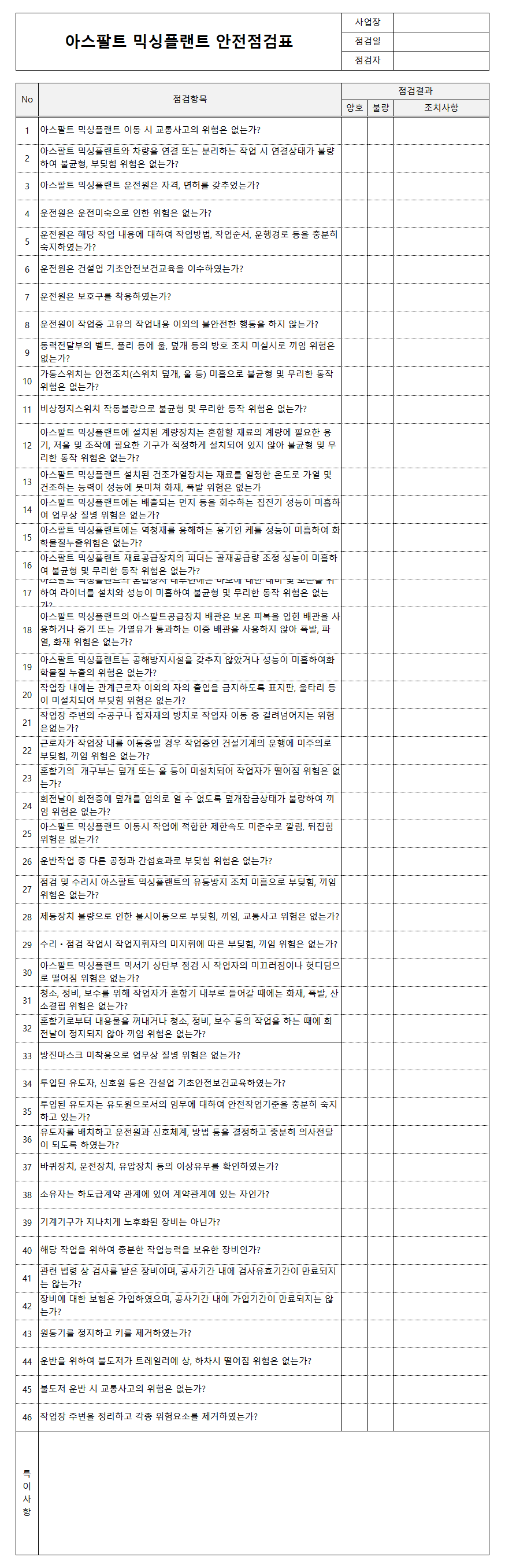아스팔트 믹싱플랜트 안전점검표