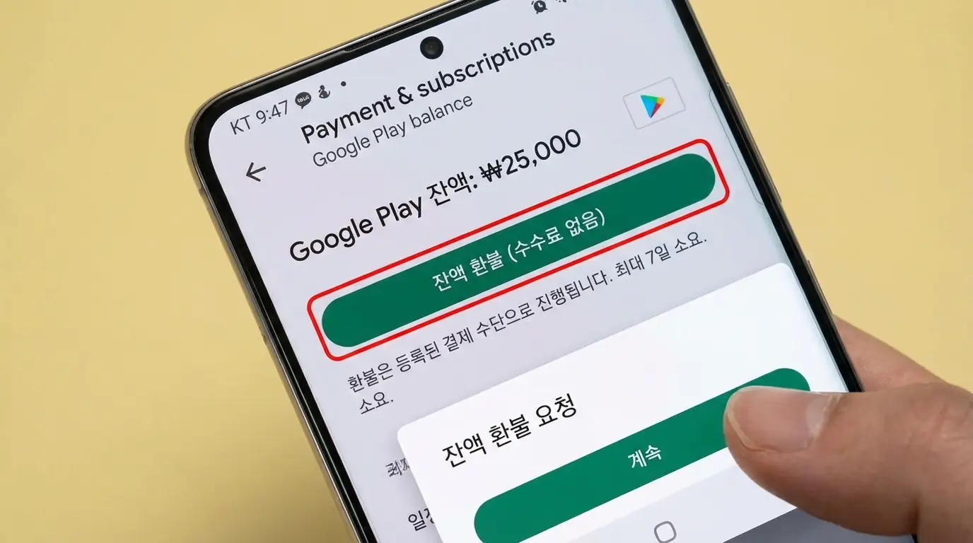 구글 플레이 잔액을 수수료 0원으로 정당하게 환불받는 절차를 보여주는 스마트폰 화면 예시