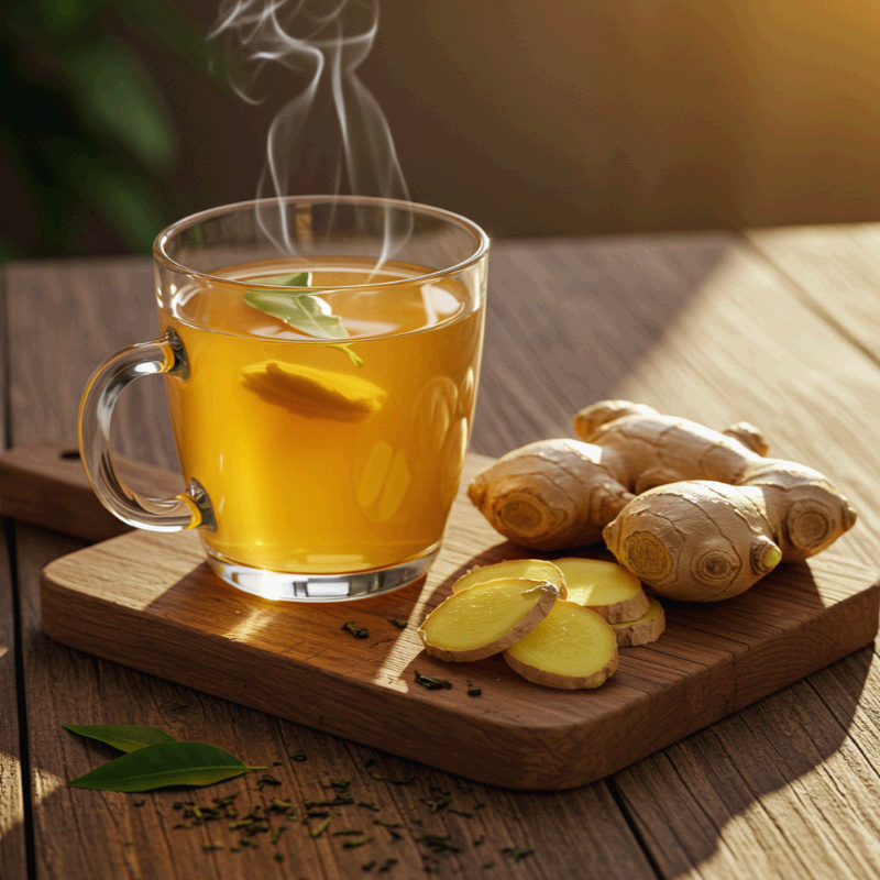 나무 도마 위에 놓인 따뜻한 생강차 한 잔과 신선한 생강 뿌리, 그리고 잘라낸 생강 조각이 함께 배치된 장면입니다. 차에서 은은하게 피어오르는 김은 따뜻함과 건강함을 강조하며, 생강의 매운 향과 건강 효능을 연상시킵니다. 햇살이 비치는 따뜻한 분위기 속에서 차 한 잔의 여유를 즐기는 느낌을 주며, 면역력 강화와 체온 상승을 돕는 건강 음료의 상징적인 이미지를 잘 담고 있습니다.
